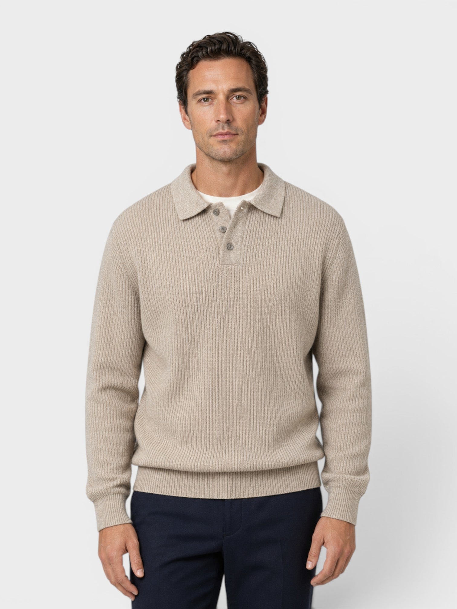 Maglione Polo Uomo in Maglia a Coste Maniche Lunghe