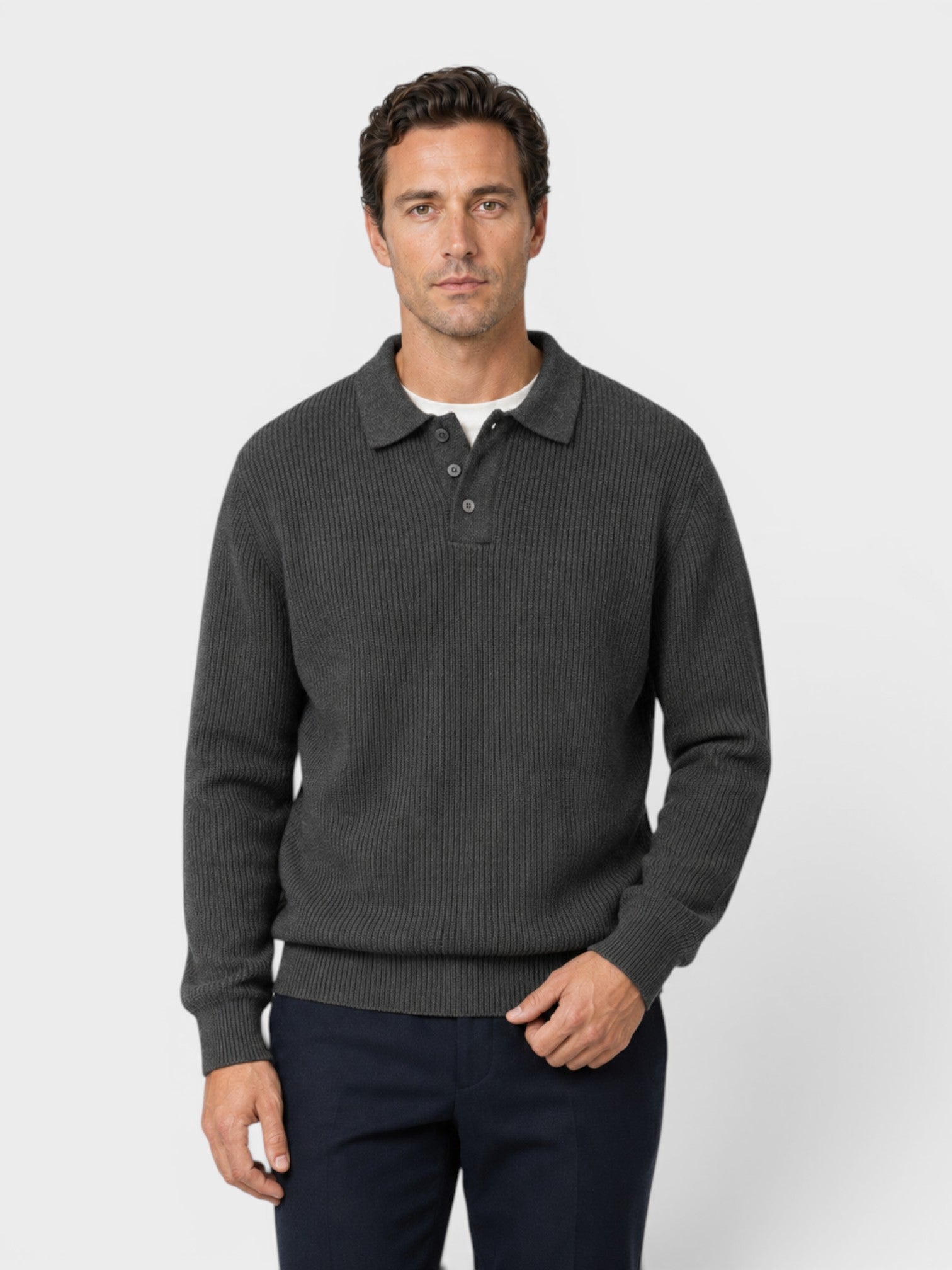 Maglione Polo Uomo in Maglia a Coste Maniche Lunghe