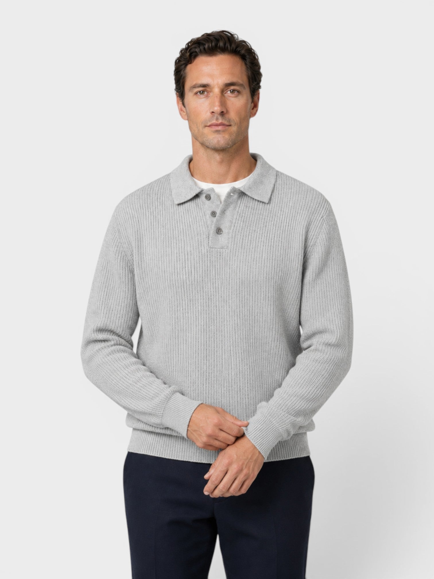 Maglione Polo Uomo in Maglia a Coste Maniche Lunghe