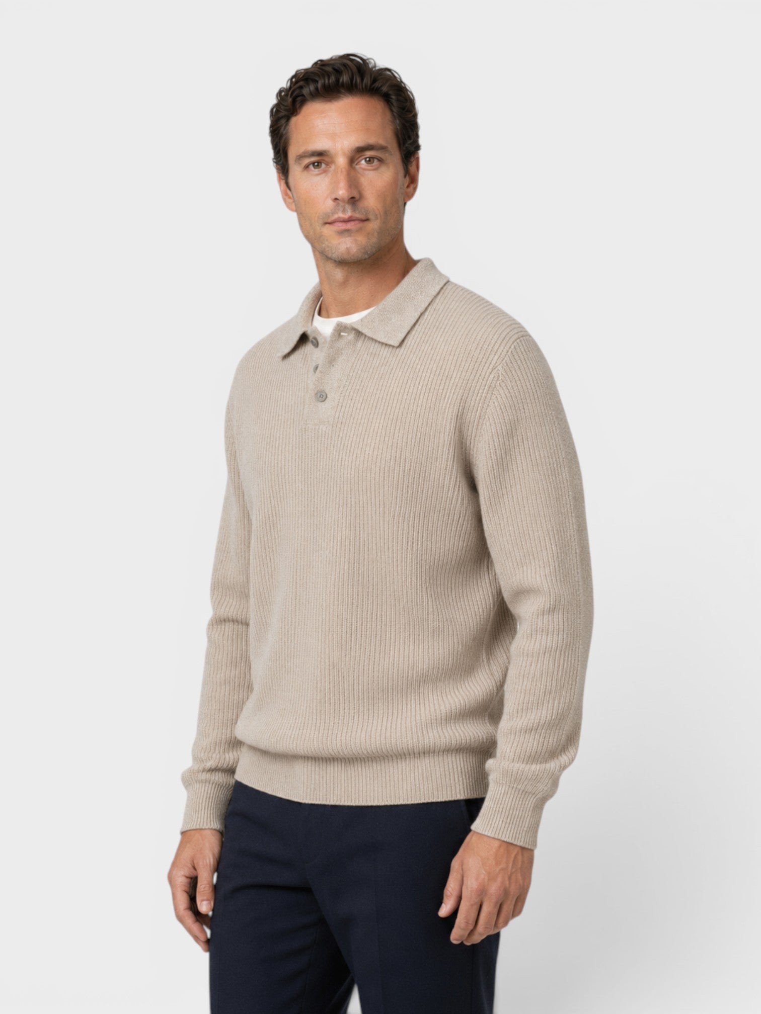 Maglione Polo Uomo in Maglia a Coste Maniche Lunghe