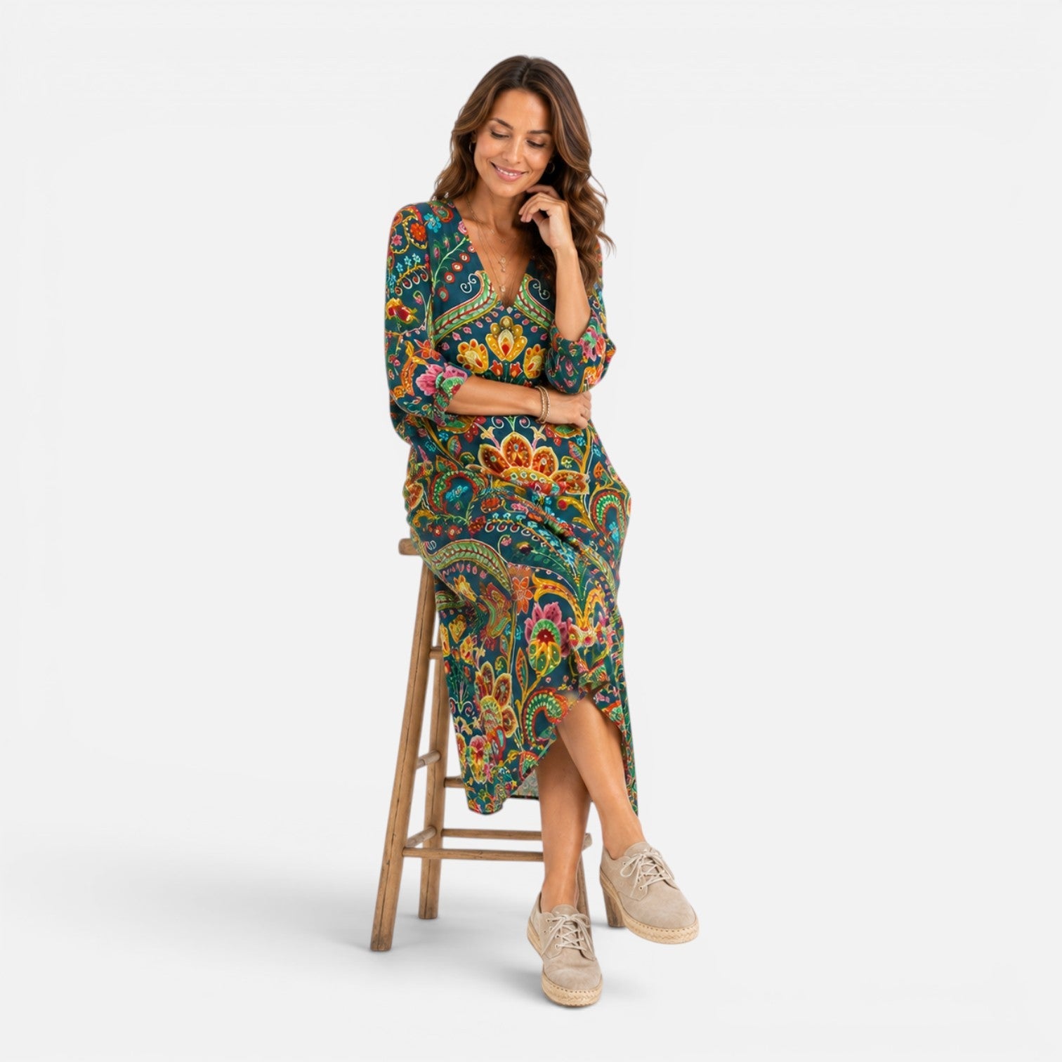 Abito Lungo Donna Floreale Boho Scollo a V