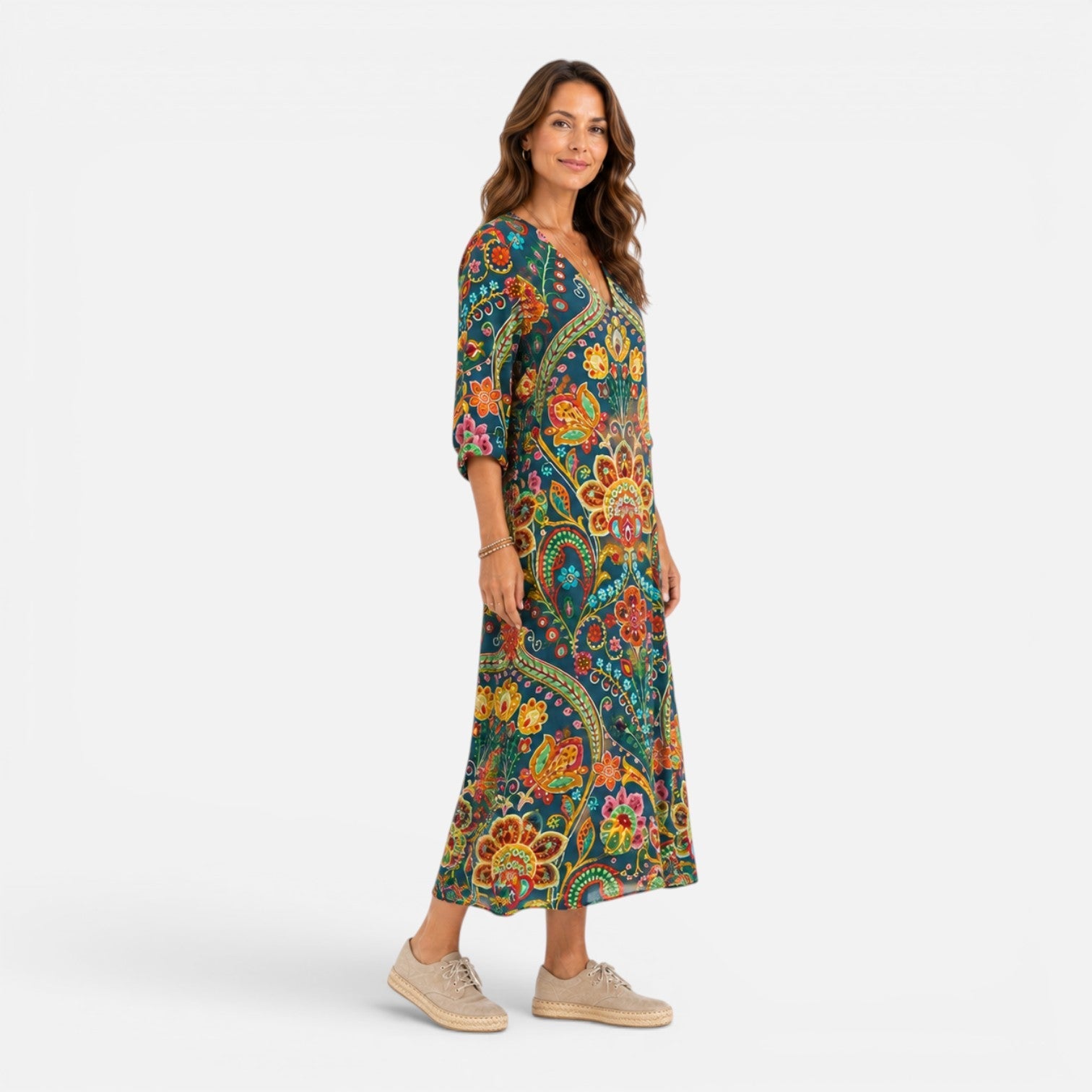 Abito Lungo Donna Floreale Boho Scollo a V