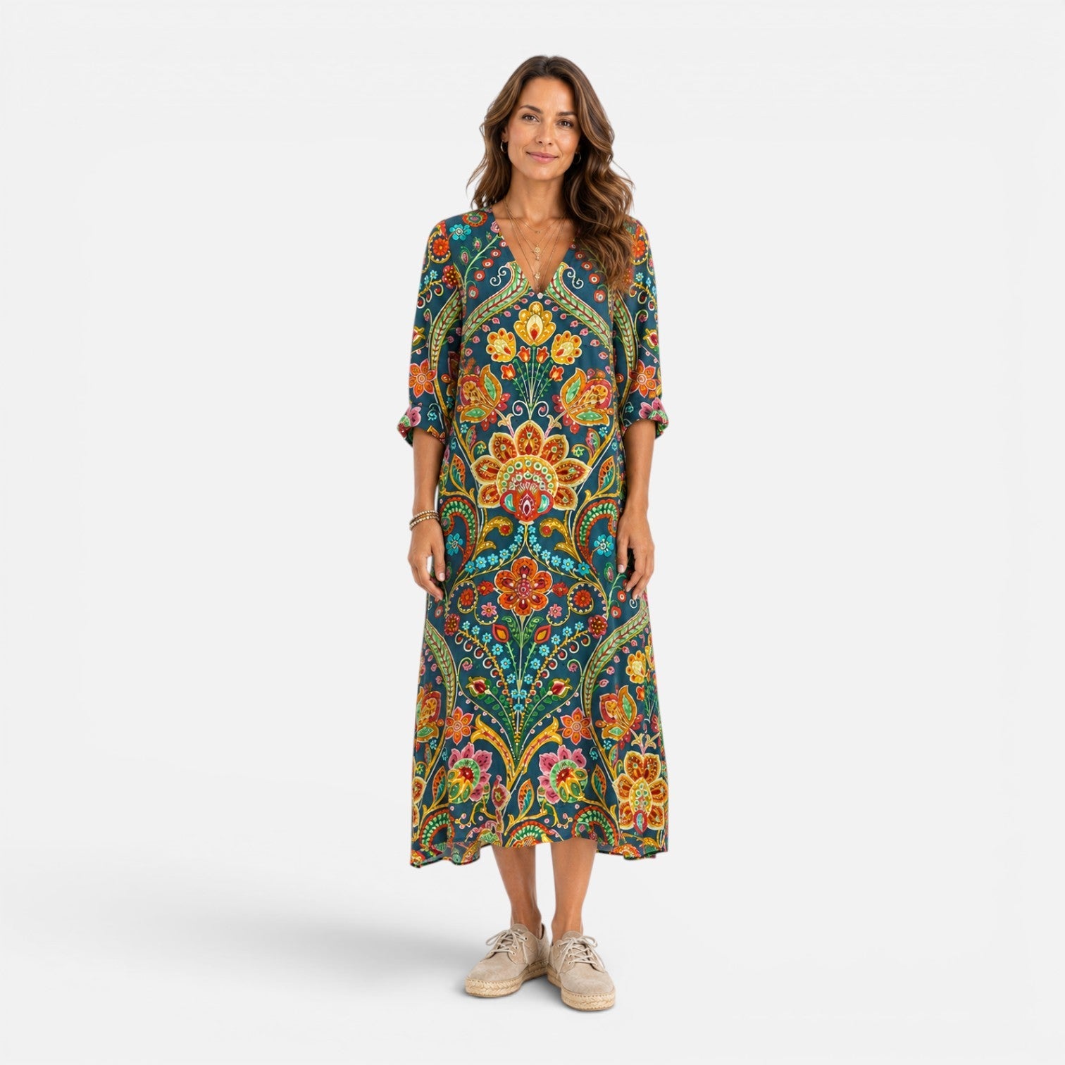 Abito Lungo Donna Floreale Boho Scollo a V