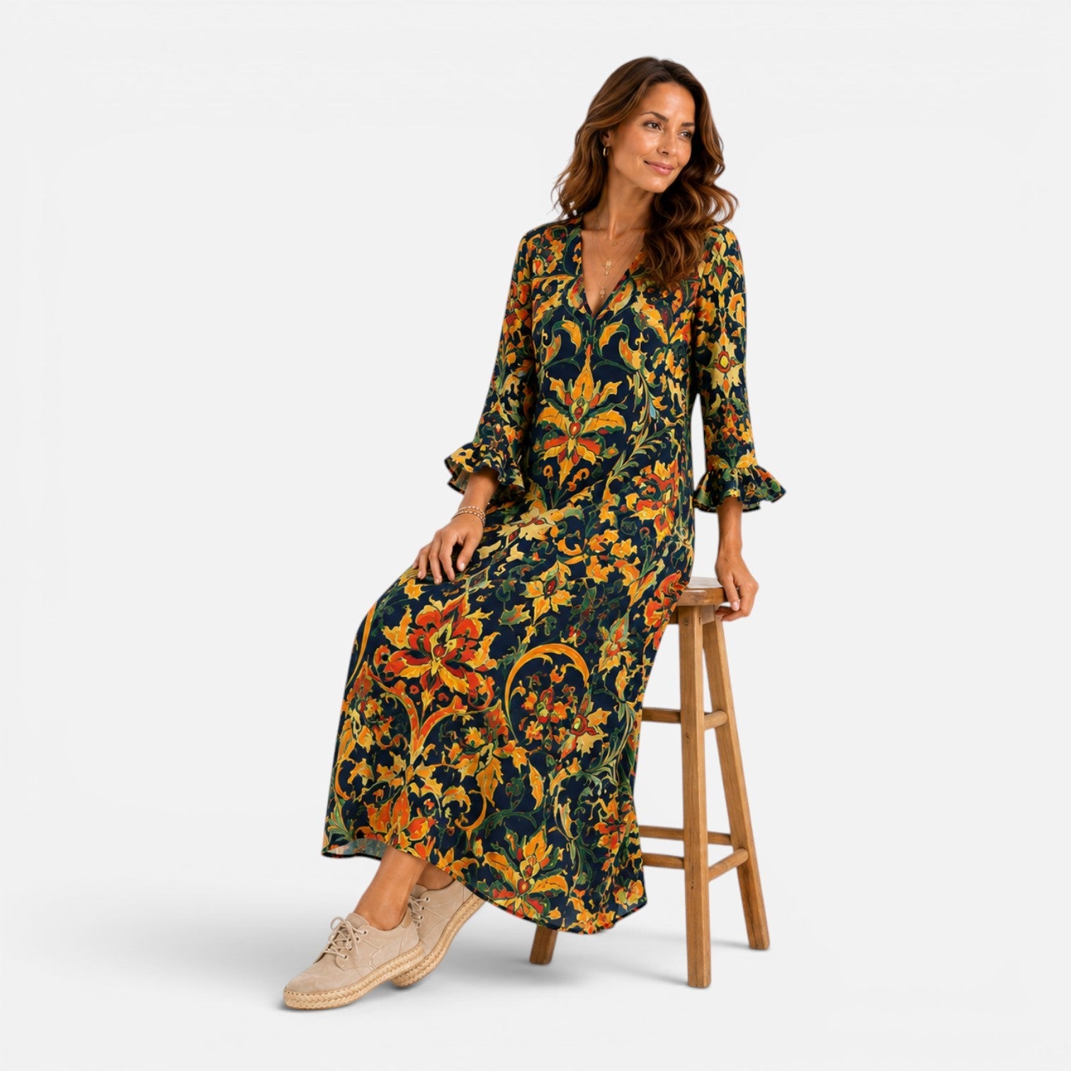 Abito Lungo Donna Floreale Boho Scollo a V