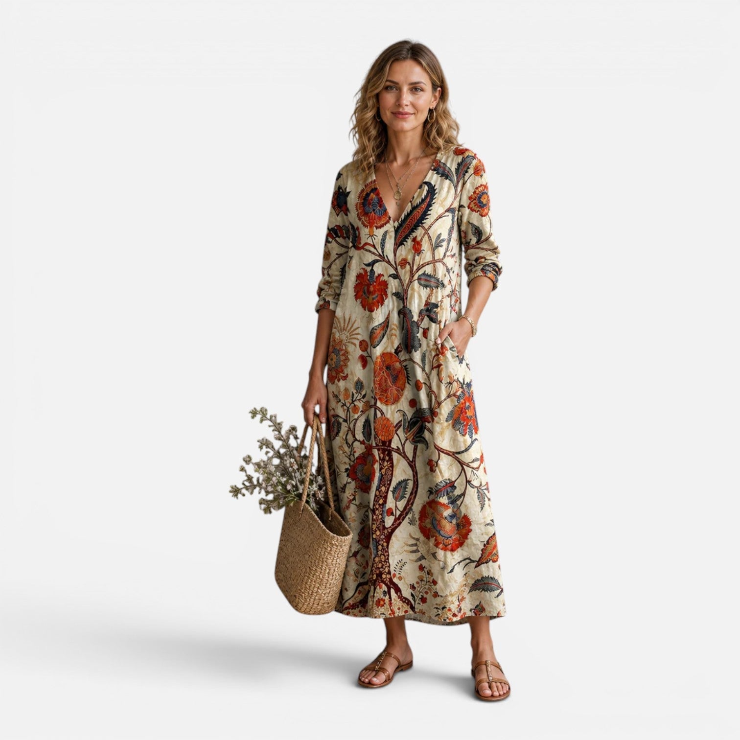 Abito Lungo Donna Floreale Boho Estivo Scollo a V