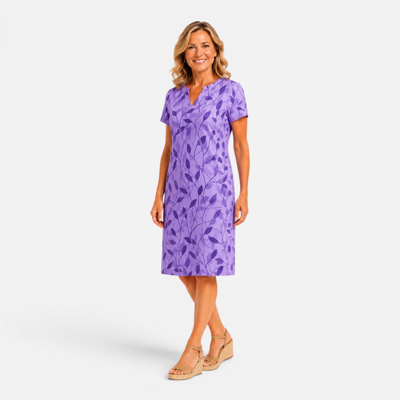 Abito Midi Donna Stampato Scollo a V Maniche Corte