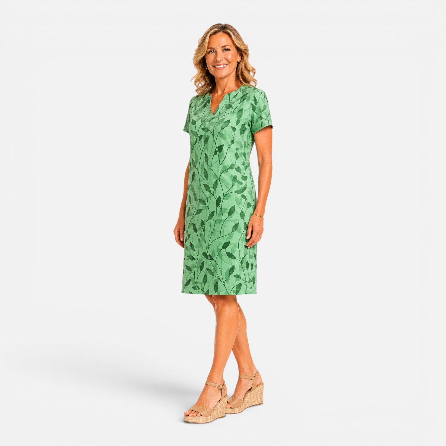 Abito Midi Donna Stampato Scollo a V Maniche Corte