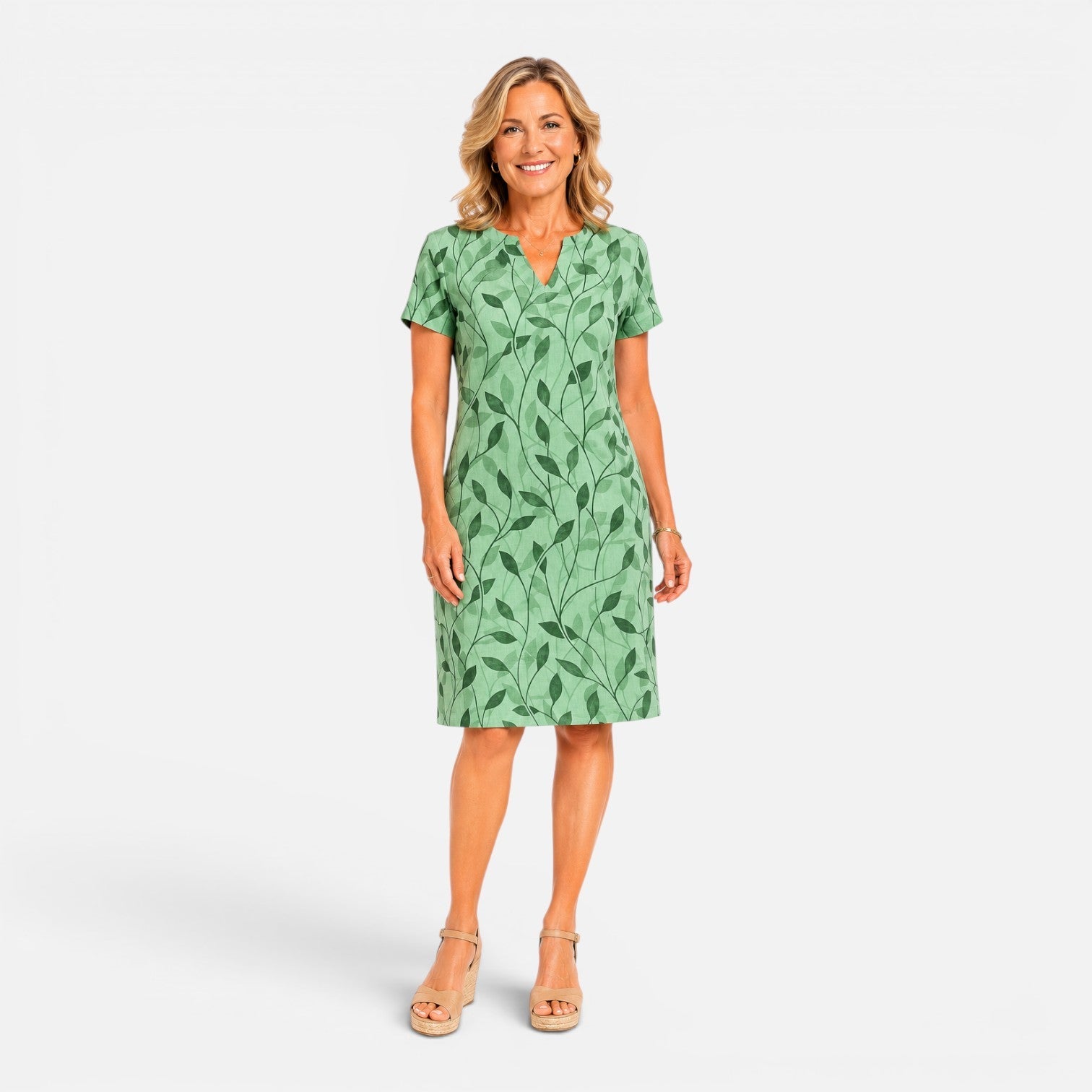 Abito Midi Donna Stampato Scollo a V Maniche Corte