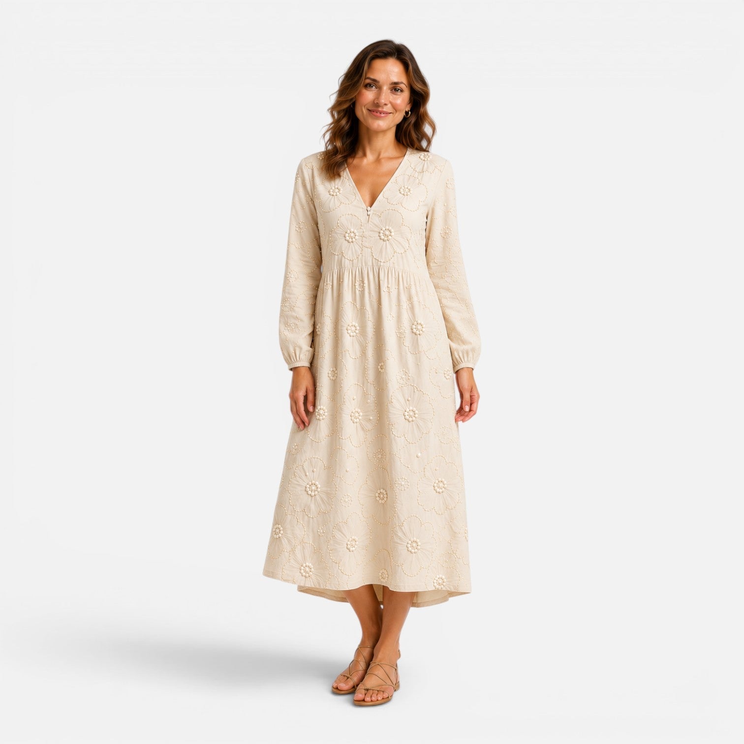 Abito Midi Donna Ricamo Floreale Elegante Estivo