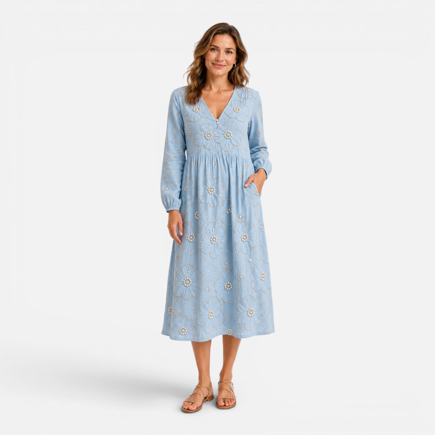 Abito Midi Donna Ricamo Floreale Elegante Estivo