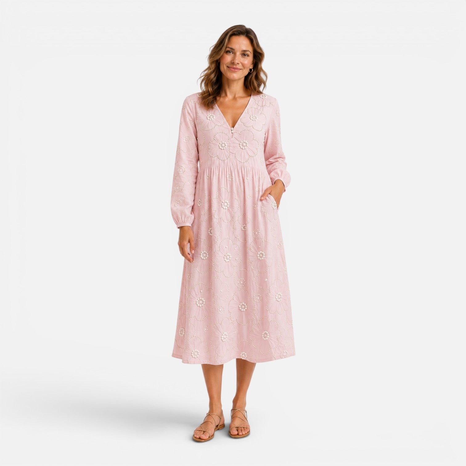 Abito Midi Donna Ricamo Floreale Elegante Estivo
