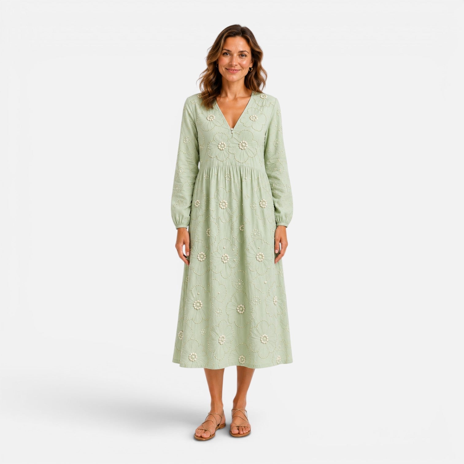 Abito Midi Donna Ricamo Floreale Elegante Estivo