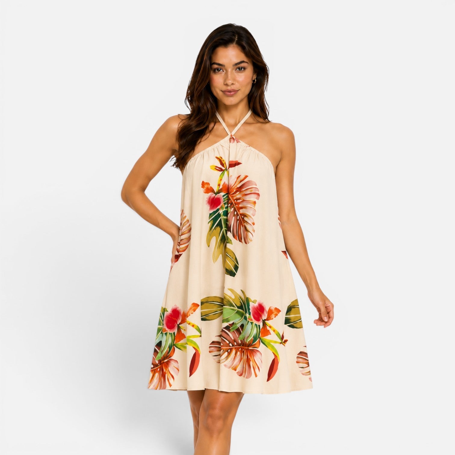Abito Mini Donna Estivo Stampa Tropicale Collo Americana