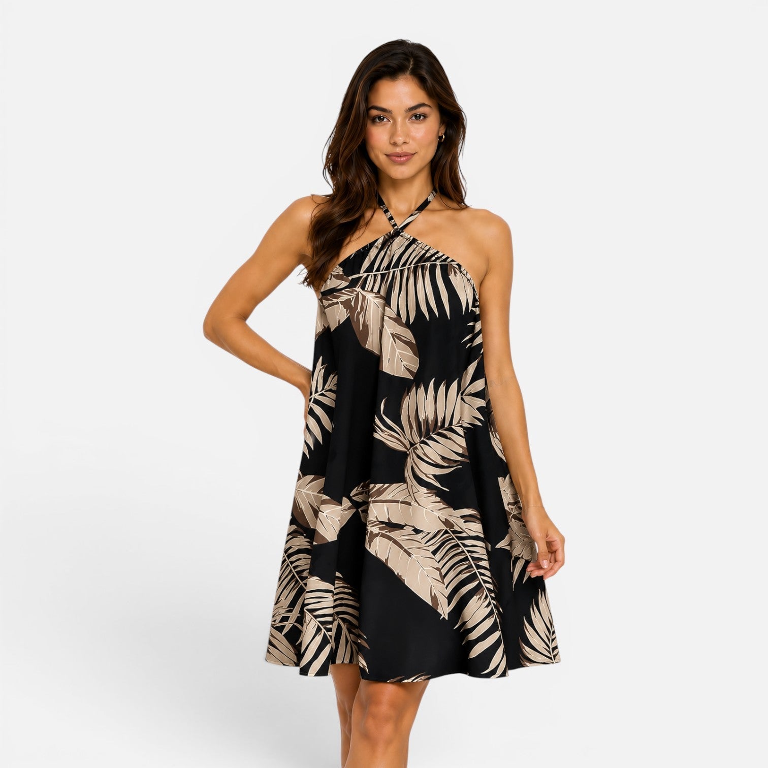 Abito Mini Donna Estivo Stampa Tropicale Collo Americana