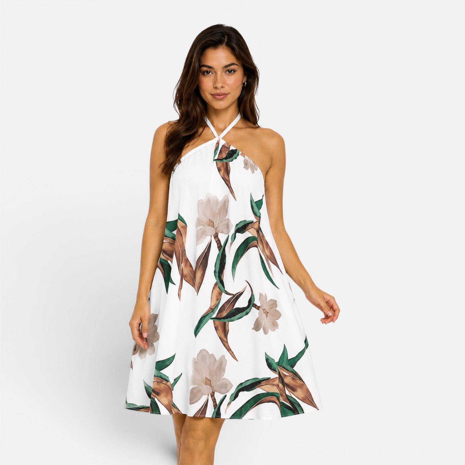 Abito Mini Donna Estivo Stampa Tropicale Collo Americana