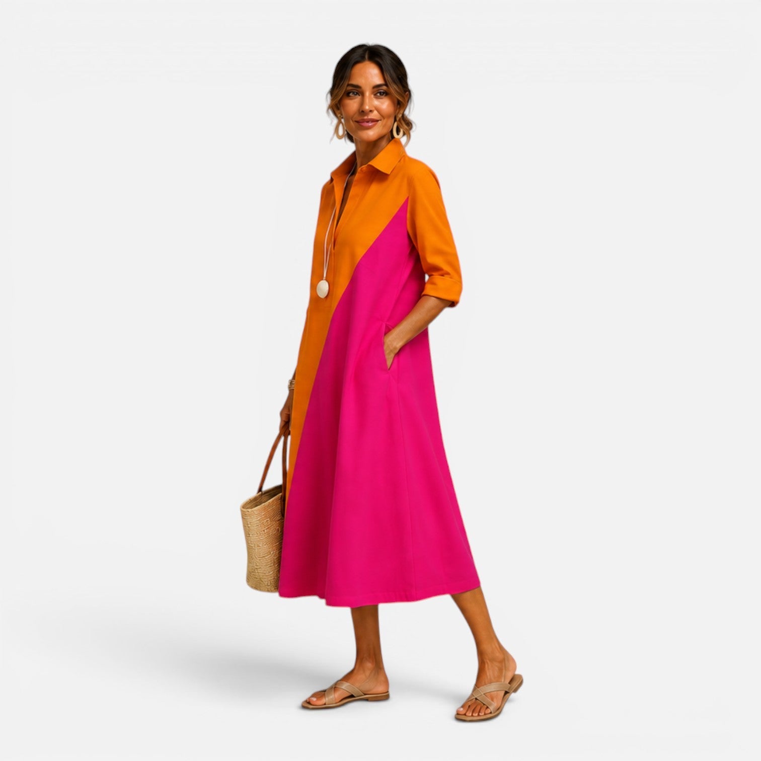 Abito Midi Donna Estivo Color Block con Tasche