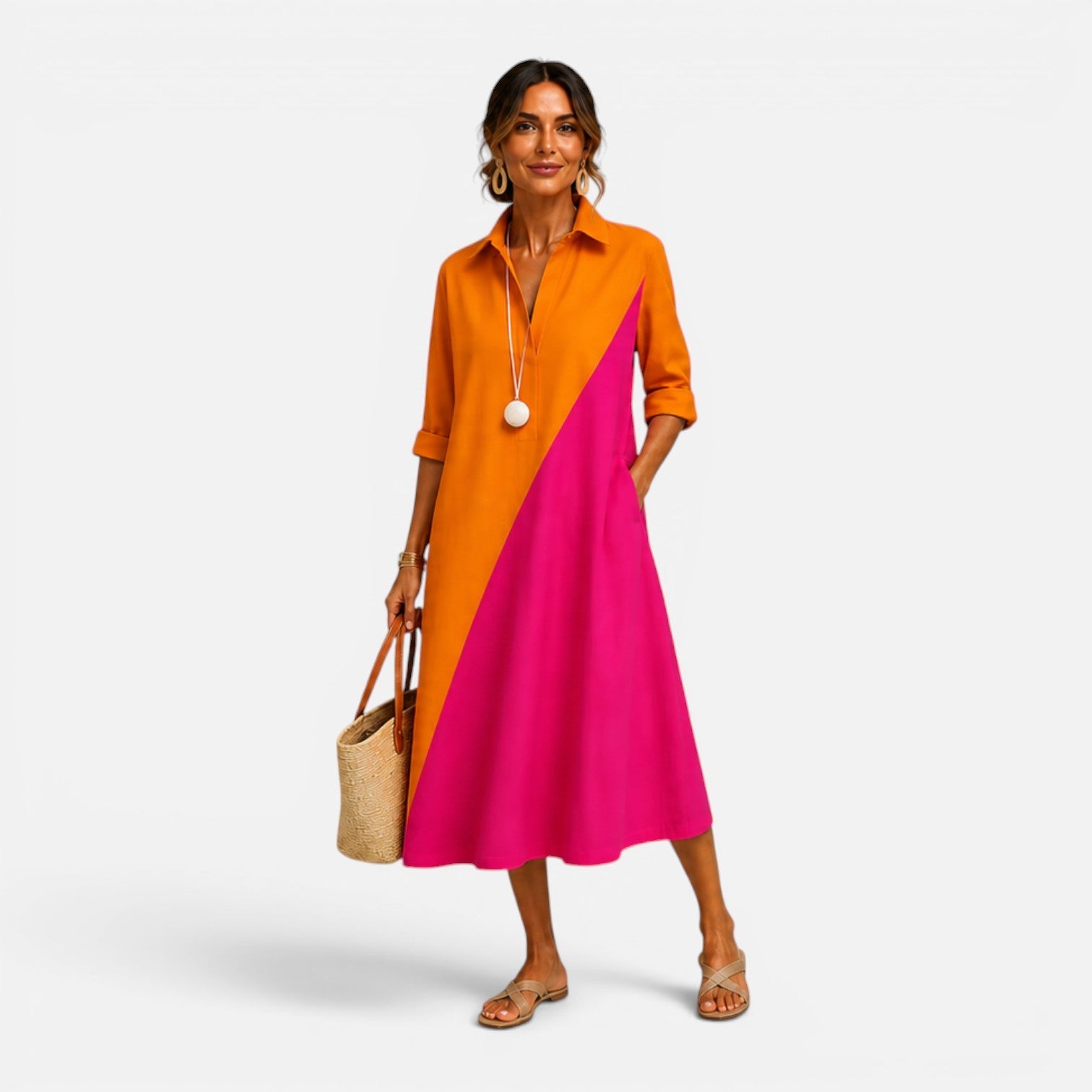 Abito Midi Donna Estivo Color Block con Tasche