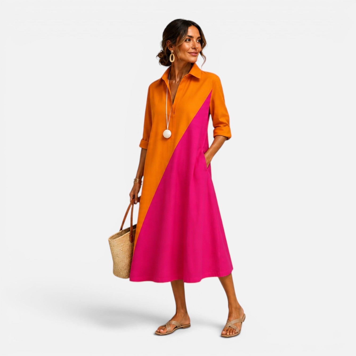Abito Midi Donna Estivo Color Block con Tasche