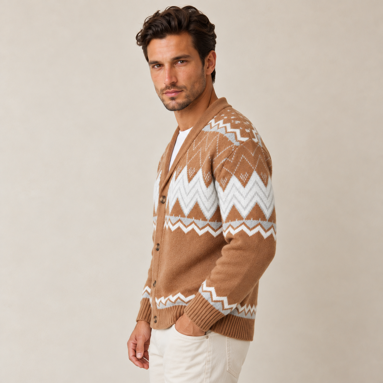 Cardigan Uomo Fantasia con Collo a Scialle in Maglia Elegante