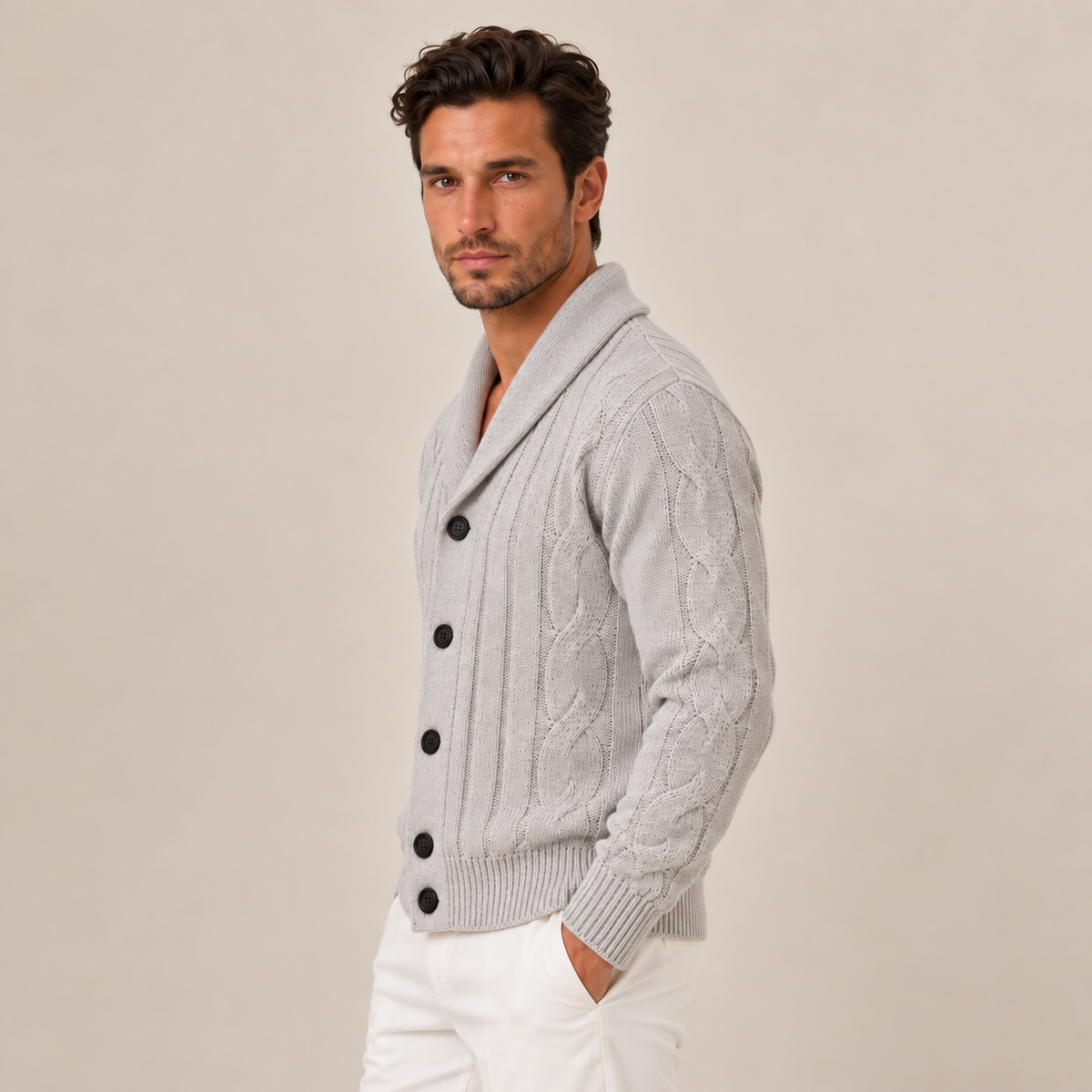 Cardigan Uomo a Trecce con Bottoni in Maglia Classico
