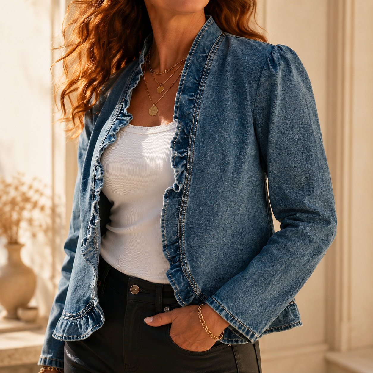 Giacca Donna di Jeans Aperta con Volant Cotone Denim Leggera