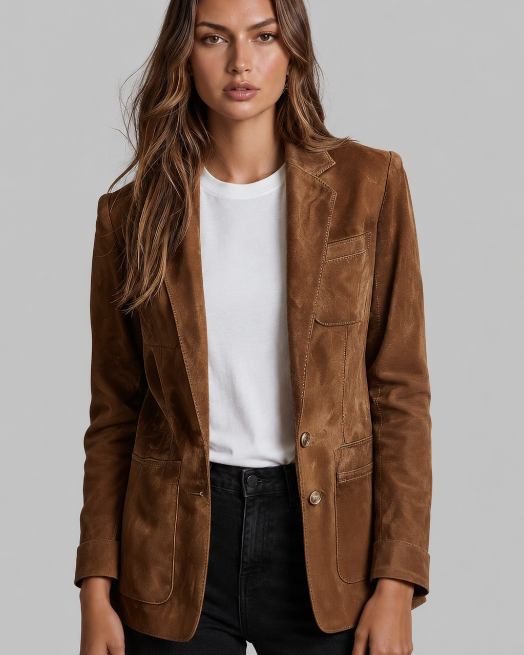 Giacca Donna Effetto Camoscio Sartoriale con Revers Aderente