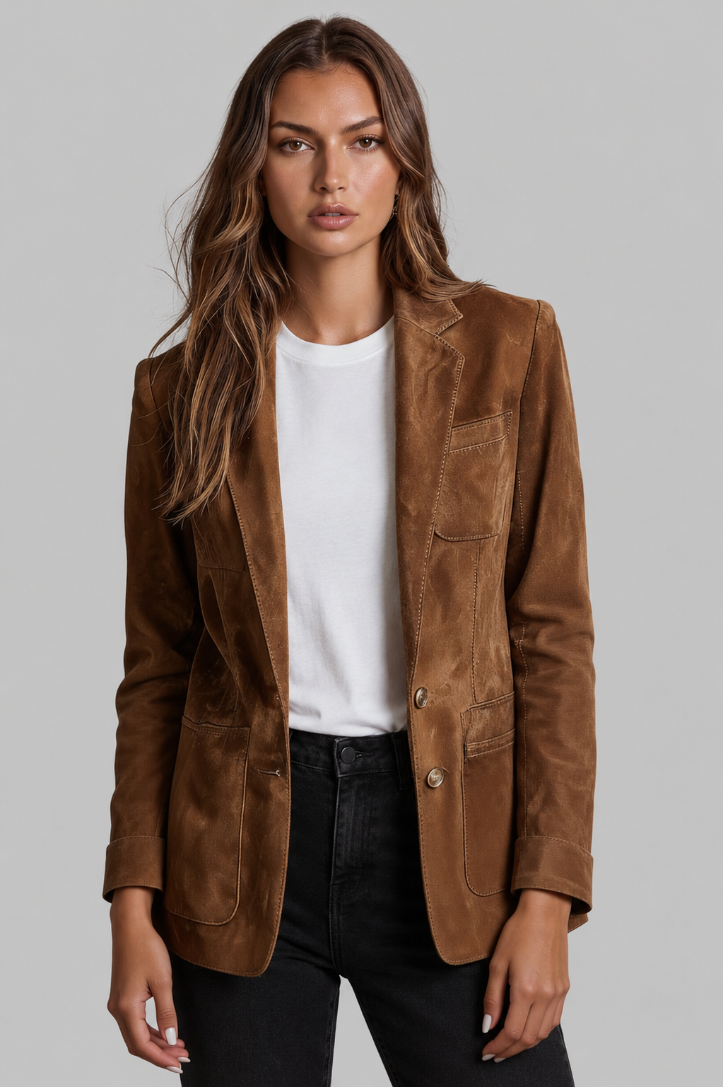 Giacca Donna Effetto Camoscio Sartoriale con Revers Aderente