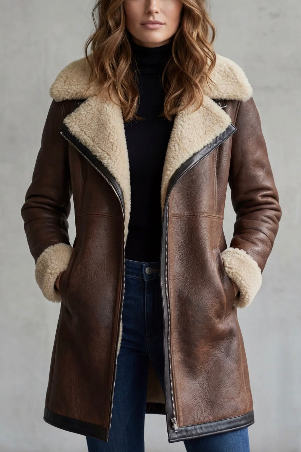 Cappotto Donna in Pelle con Fodera in Shearling Elegante Marrone