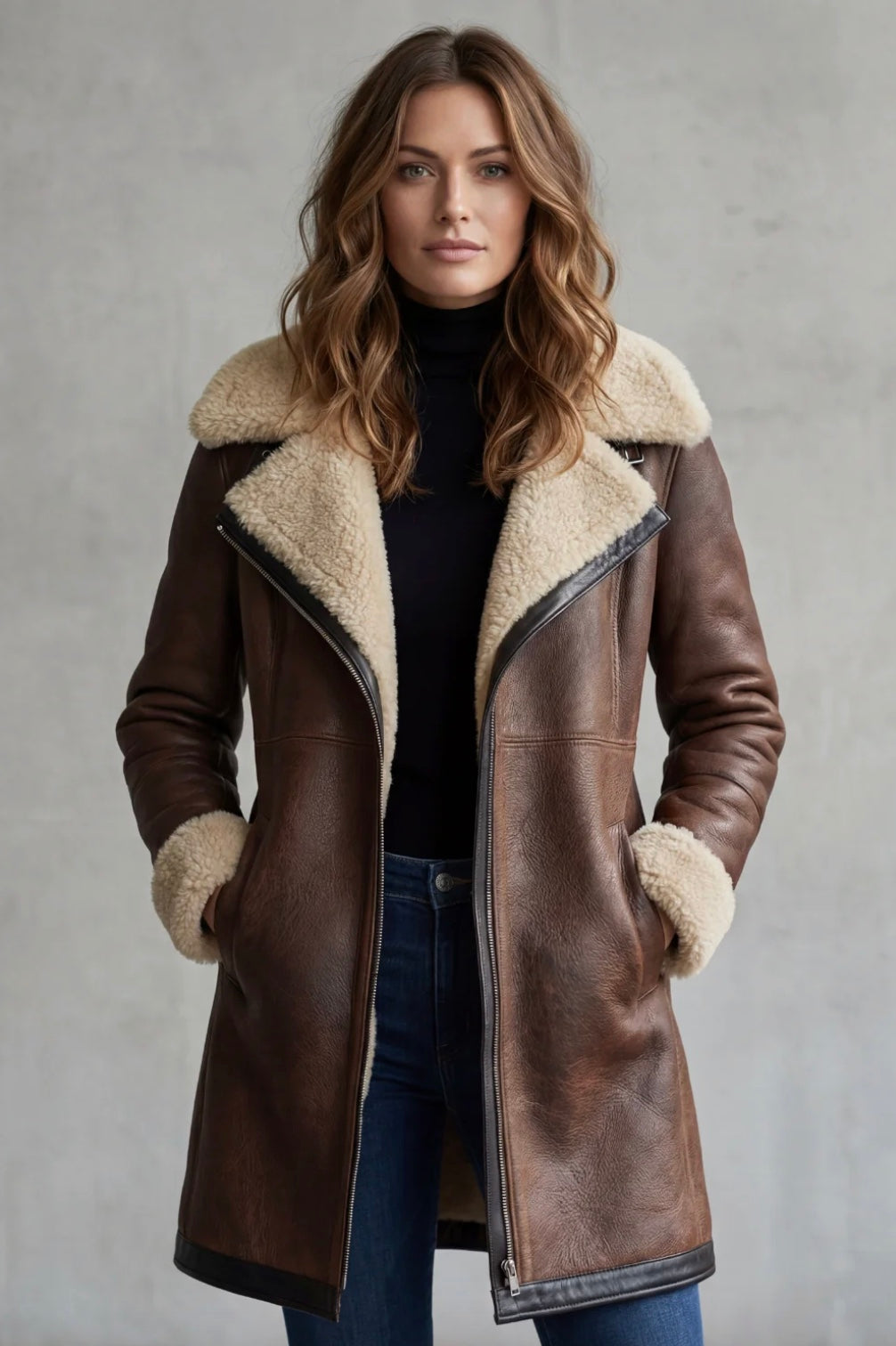 Cappotto Donna in Pelle con Fodera in Shearling Elegante Marrone
