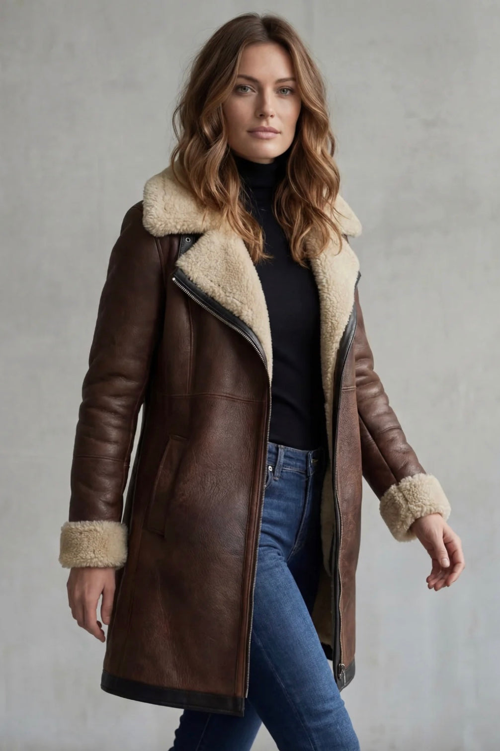 Cappotto Donna in Pelle con Fodera in Shearling Elegante Marrone
