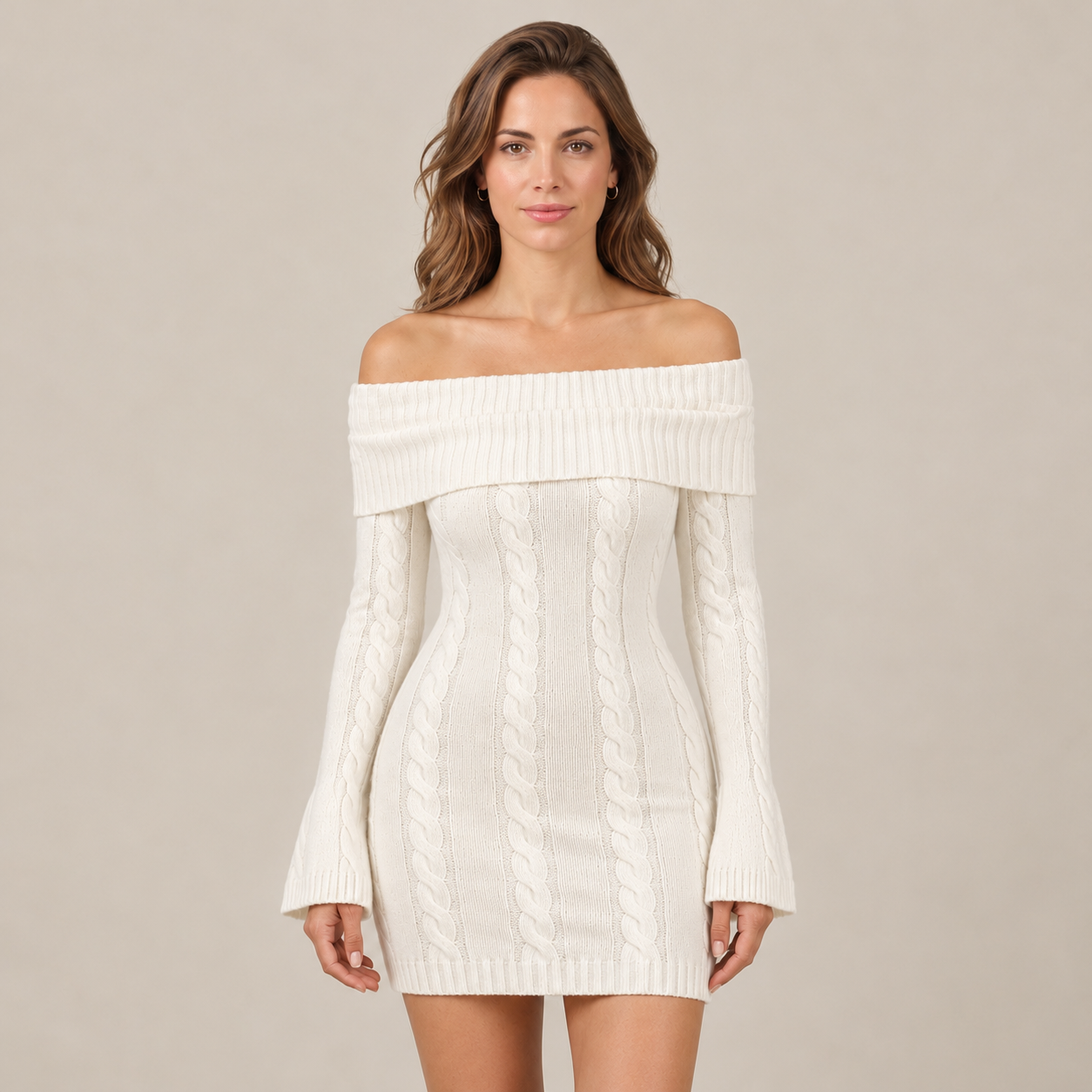 Abito Donna Corto in Maglia a Trecce Spalle Scoperte Bianco