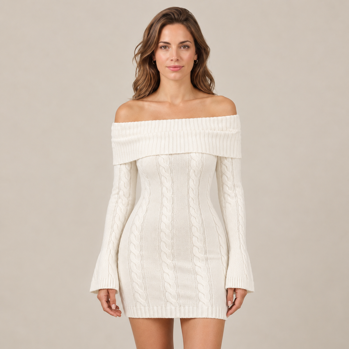 Abito Donna Corto in Maglia a Trecce Spalle Scoperte Bianco