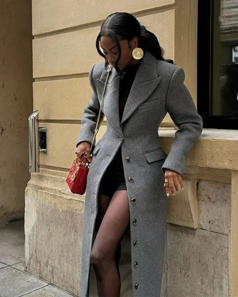 Cappotto Donna Lungo in Misto Lana Cintura Spalle Strutturate