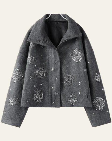 Cappotto Donna Doppiopetto in Lana Ricamo a Perline Collo Alto