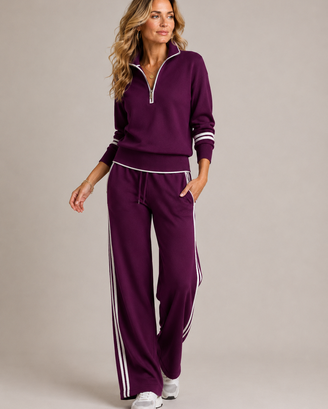 Completo Donna in Maglia Mezza Zip e Pantaloni Ampi Coordinato