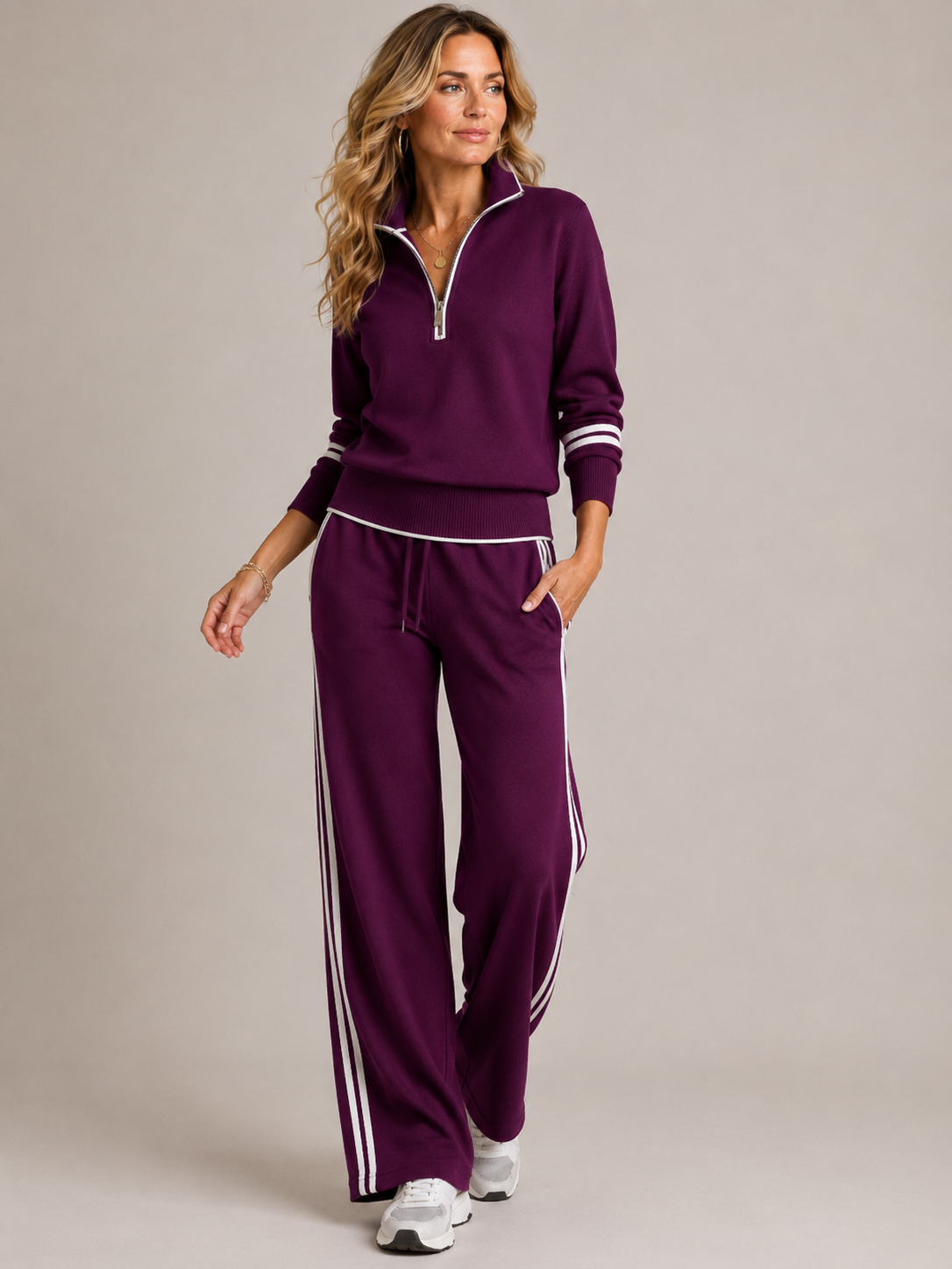 Completo Donna in Maglia Mezza Zip e Pantaloni Ampi Coordinato