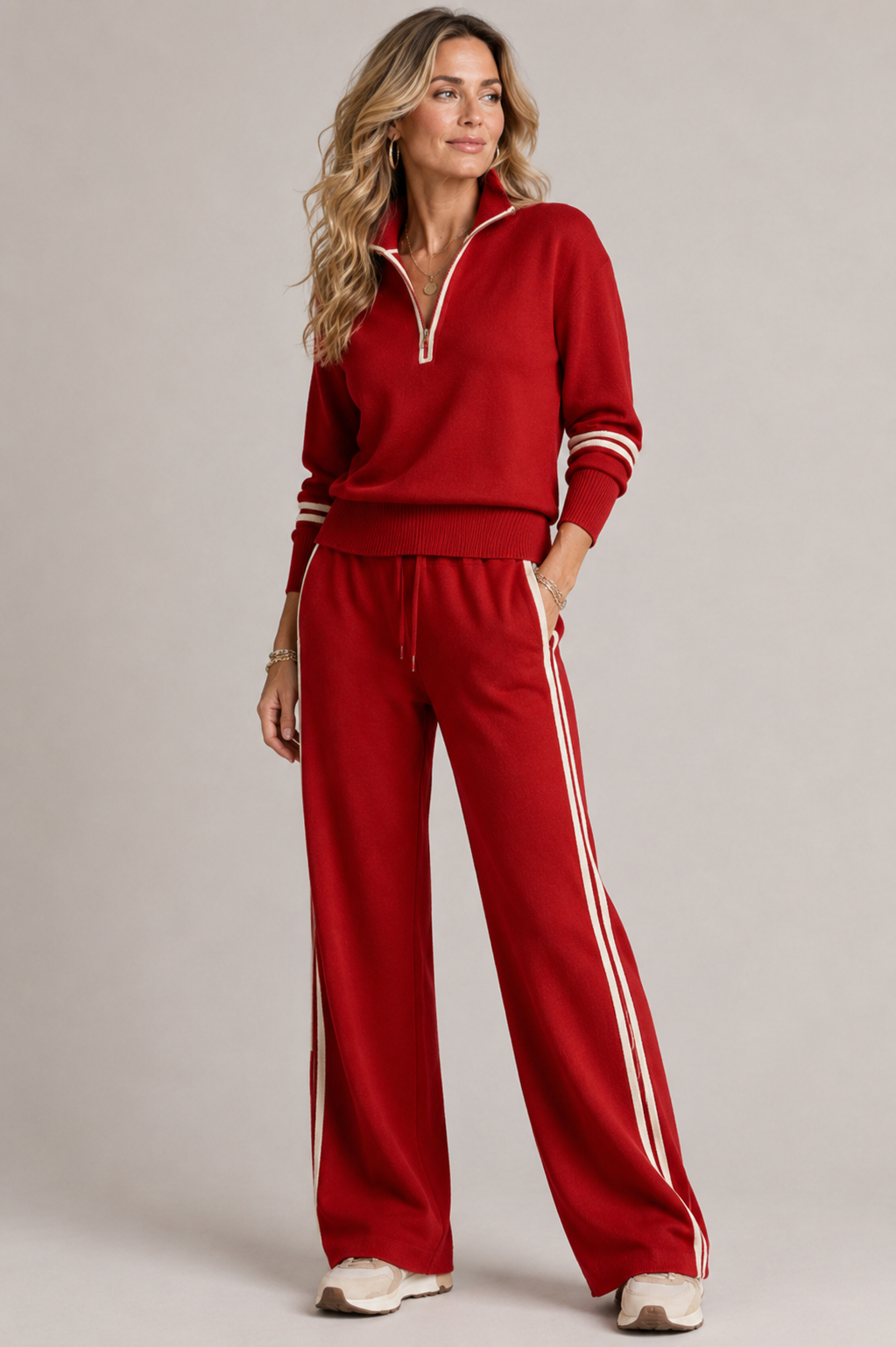 Completo Donna in Maglia Mezza Zip e Pantaloni Ampi Coordinato
