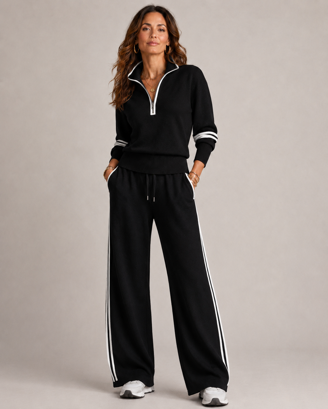 Completo Donna in Maglia Mezza Zip e Pantaloni Ampi Coordinato