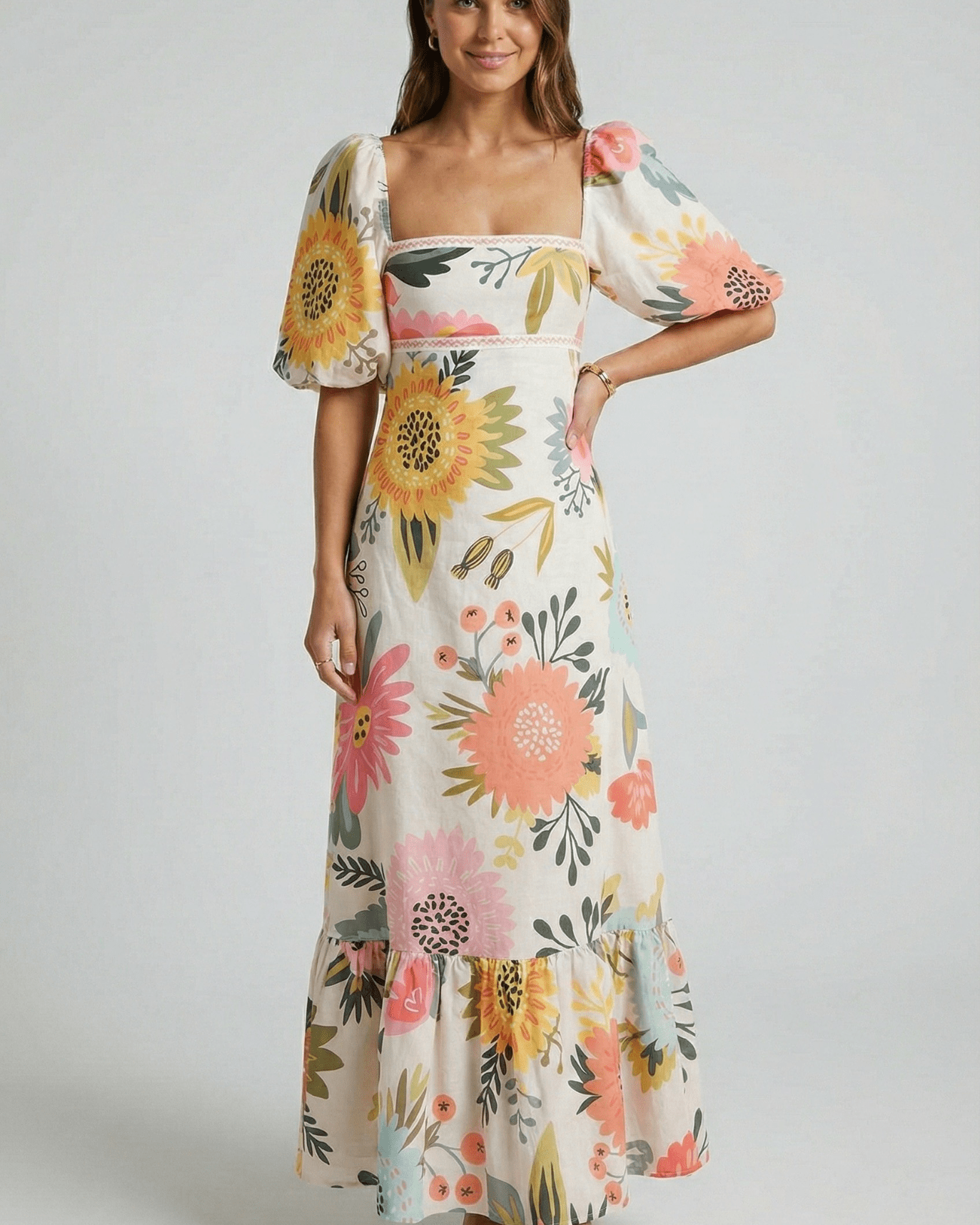 Aurazio Abito Lungo con Maniche a Sbuffo da Donna