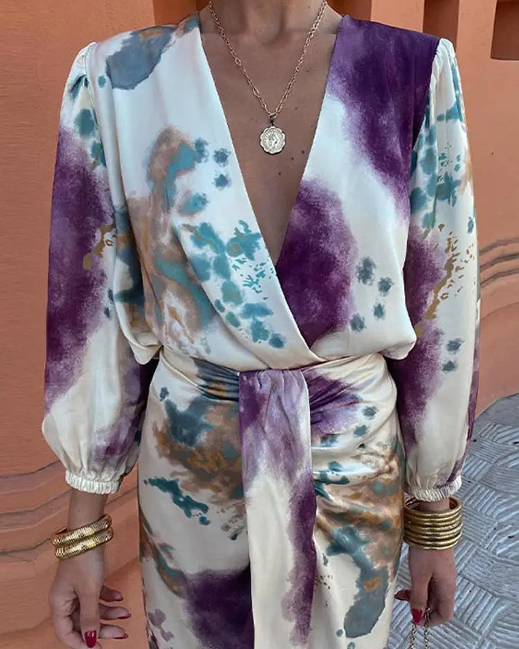 Abito Midi Donna Stampa Acquerello Scollo a V Wrap