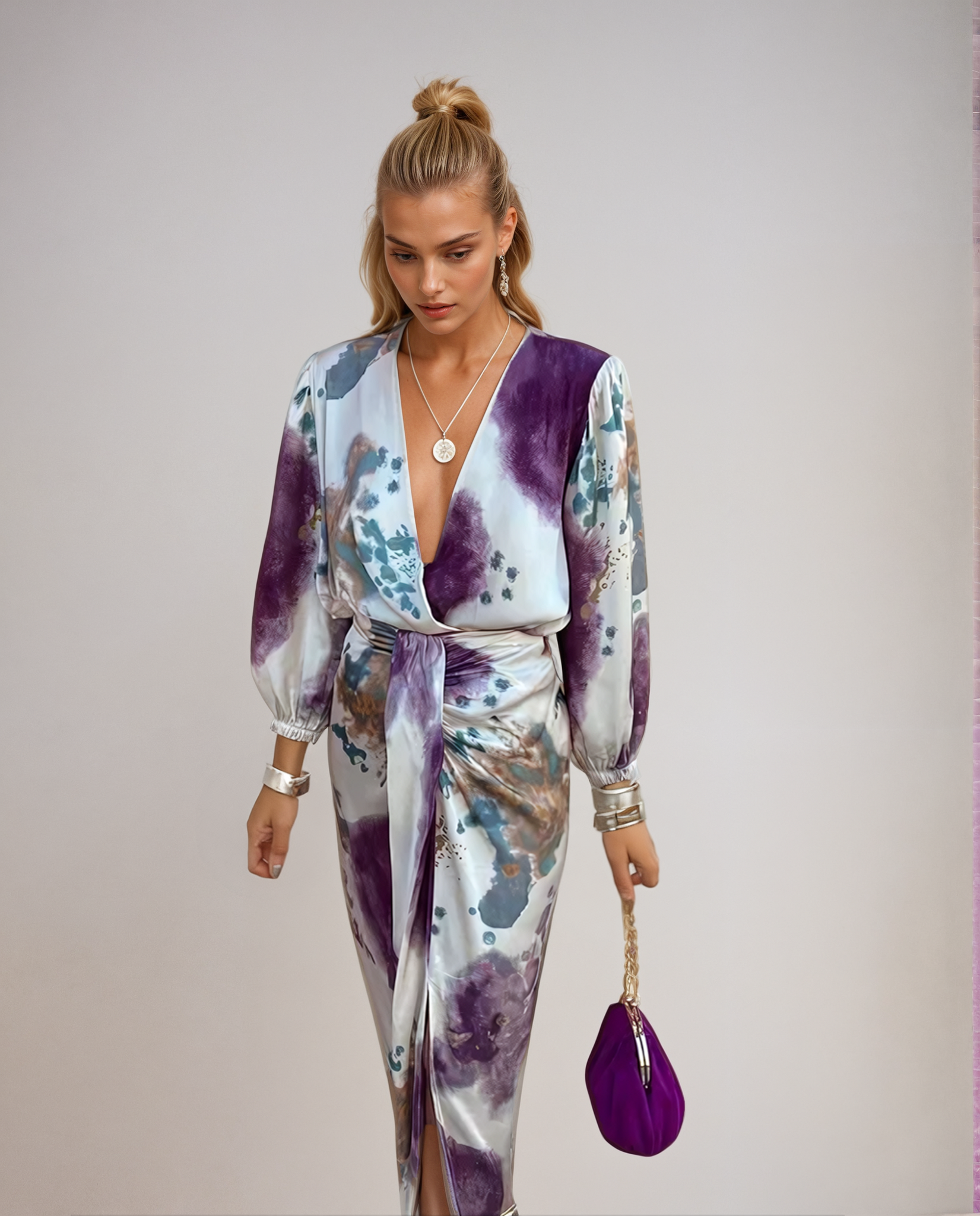 Abito Midi Donna Stampa Acquerello Scollo a V Wrap