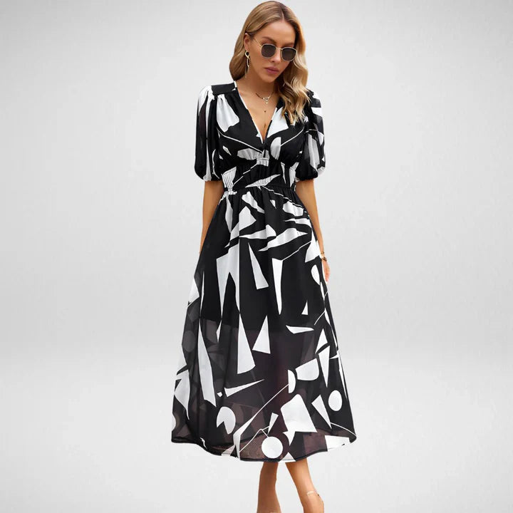 Abito Midi Donna Maniche a Sbuffo Scollo a V Elegante