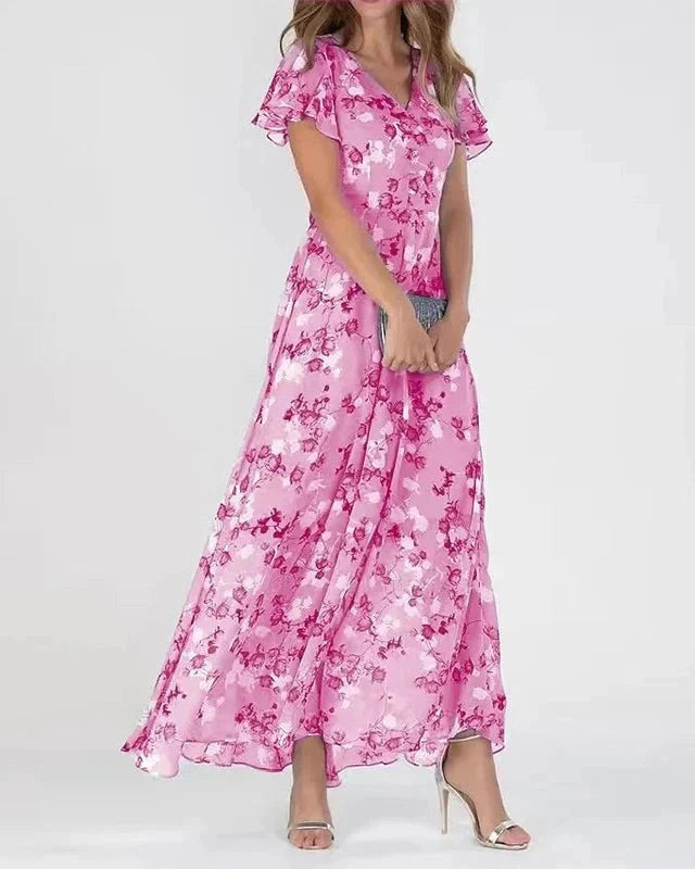 Abito Lungo Donna Floreale Maniche Flutter Estivo