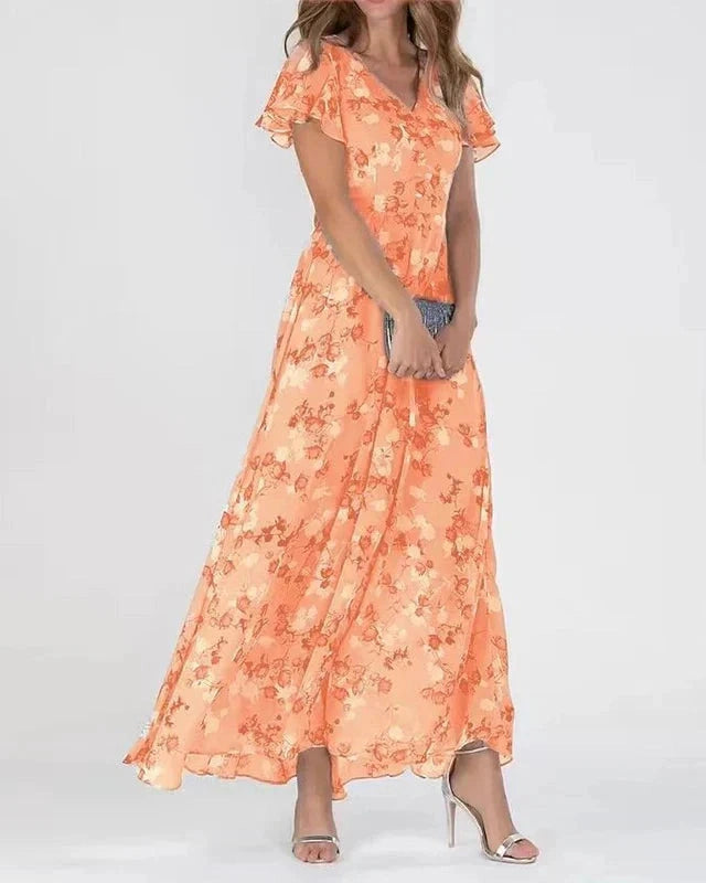 Abito Lungo Donna Floreale Maniche Flutter Estivo