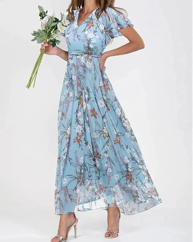 Abito Lungo Donna Floreale Maniche Flutter Estivo
