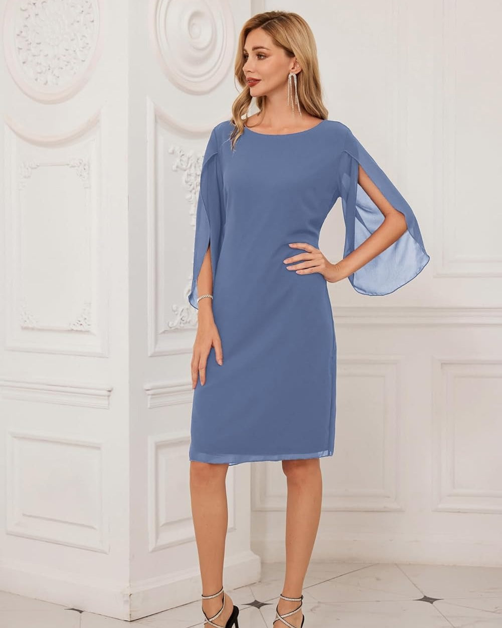 Abito Lungo Donna Formale Maniche Mantellate Spacco Elegante