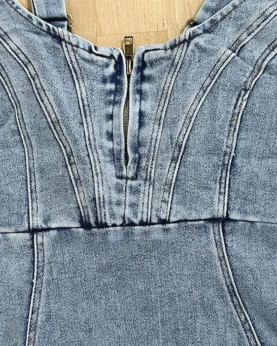 Abito Midi Donna in Denim con Zip Spalline Regolabili