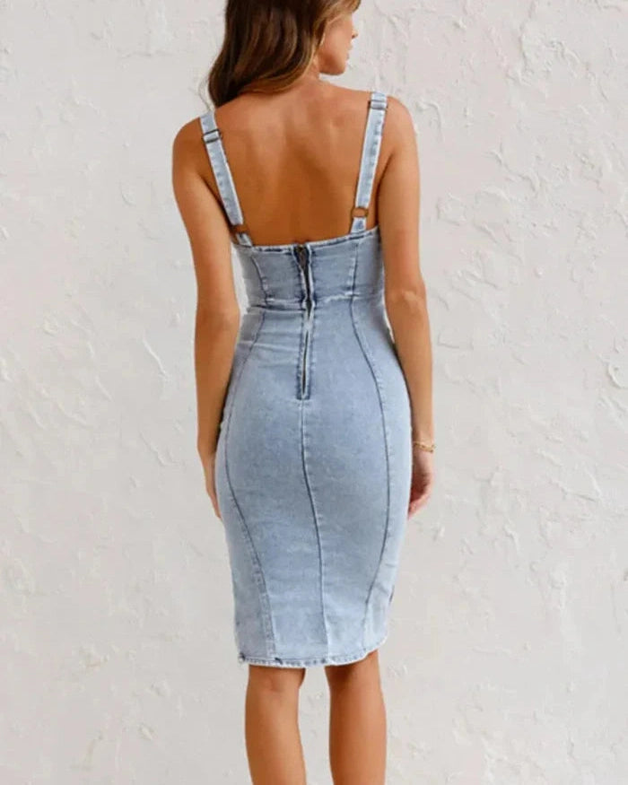 Abito Midi Donna in Denim con Zip Spalline Regolabili