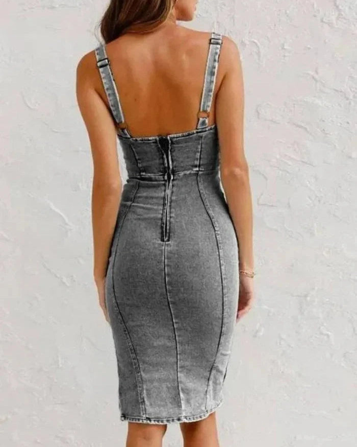 Abito Midi Donna in Denim con Zip Spalline Regolabili