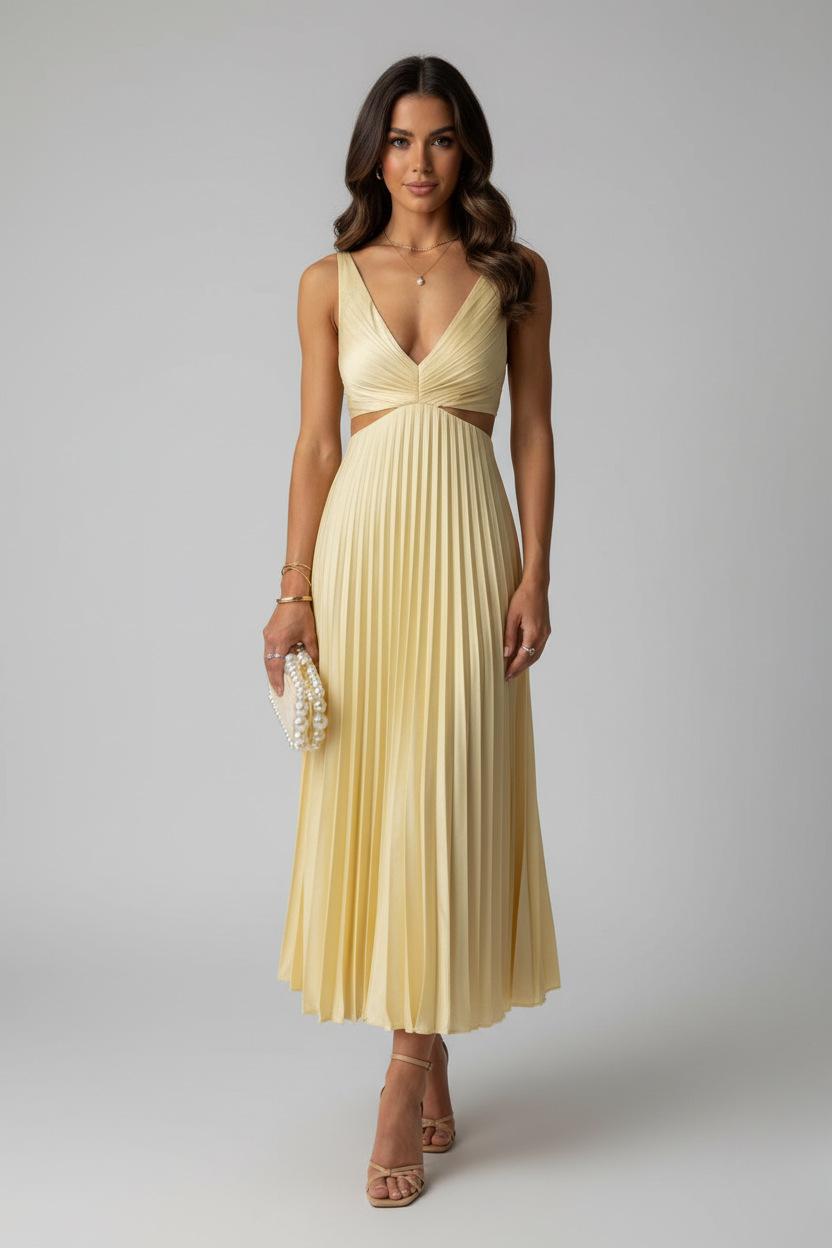 Abito Midi Donna da Cerimonia Plissettato Fluido Elegante